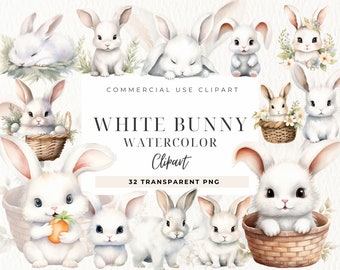 Joli clipart lapin blanc, bébé lapin PNG, illustration de lapin, art enfant, art mural enfant, décoration de chambre d'enfant, clipart baby shower, lapin mignon