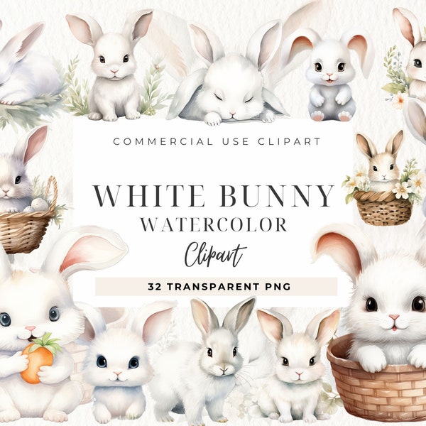 Cute White Bunny Clipart, Baby Bunny PNG, Bunny illustration, Children Art, Kids Wall Art, Nursery Decor, Baby Shower Clipart, Cute Rabbit