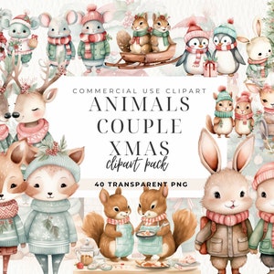 Navidad Animal Pareja Clipart, Baby Shower, Navidad Clipart, Fantasía Aves Acuarela, Pájaros Lindos Png, XMAS Ratones Pingüino Oso Pareja