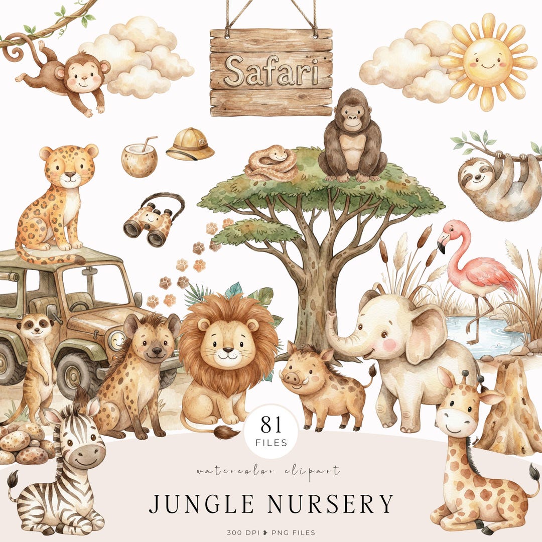 Watercolor Safari Animals Clipart Set, Jungle Nursery Baby PNG Bundle ...