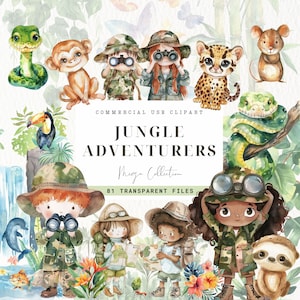 Clipart animaux de la jungle amazonienne, PNG de la jungle sauvage, usage commercial, animaux de la forêt tropicale humide, Safari enfants, oeuvre d'art pour chambre d'enfant, baby shower PNG