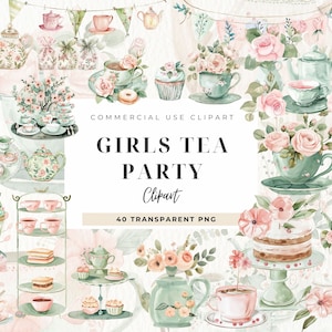 Girls Tea Party Clipart aquarela, download digital, convites, Fashion Girl, gráficos Chinoiserie, Vintage Fantasy Junk Journal Ephemera