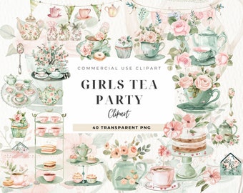 Girls Tea Party Clipart Watercolor, Digital Download, Invitations, Fashion Girl, Chinoiserie Graphics, Vintage Fantasy Junk Journal Ephemera