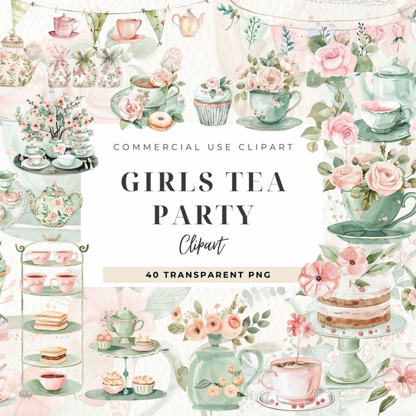 Girls Tea Party Clipart Watercolor, Digital Download, Invitations, Fashion Girl, Chinoiserie Graphics, Vintage Fantasy Junk Journal Ephemera