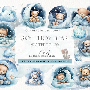 Watercolor Teddy Bear Baby Shower for Boy, Nursery Clipart, Blue Teddy, Watercolor Teddy Bear Clipart for Boy Invitation, Digital Download