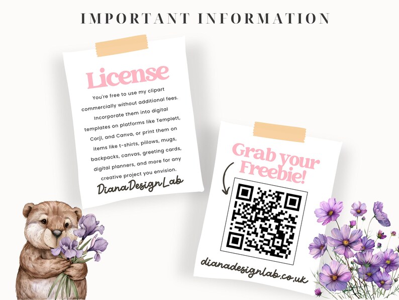 May include: Two pink and white cards with text. The first card says "License" and explains the terms of use for clipart. The second card says "Grab your Freebie!" and has a QR code with the text "dianadesignlab.co.uk".