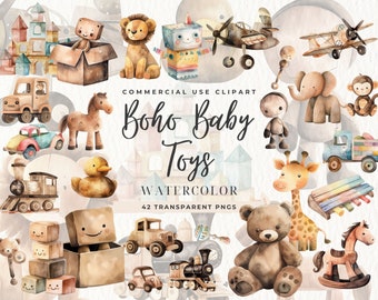 Watercolor Baby Toys Clipart, Boho Nursery Decor, Newborn Children Png, Nursery Art, Pastel Baby Shower, Toy Clip art, Birthday Invites