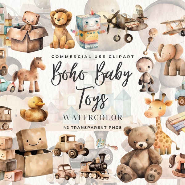 Clipart de juguetes para bebés en acuarela, decoración de guardería boho, niños recién nacidos png, arte infantil, baby shower en colores pastel, clip art de juguetes, invitaciones de cumpleaños