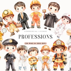 Clipart de Profesiones Comercial, Gráficos para Niños, Clipart de Ocupaciones en Acuarela, Aula Educativa, Descarga Digital, Enseñanza, Carreras