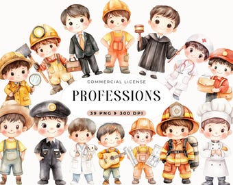 Clipart Comercial de Profissões, Gráficos para Meninos e Crianças, Clipart de Ocupações em Aquarela, Sala de Aula Educacional, Download Digital, Ensino, Carreiras