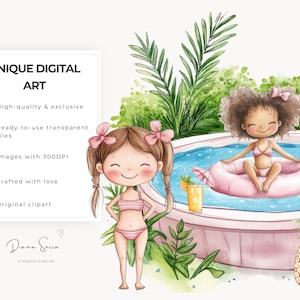 May include: Watercolor illustration of two girls in pink swimsuits near a pool. One girl stands, the other floats on a pink inflatable ring. A pineapple and a drink with a straw are also visible. The image includes the text "UNIQUE DIGITAL ART".