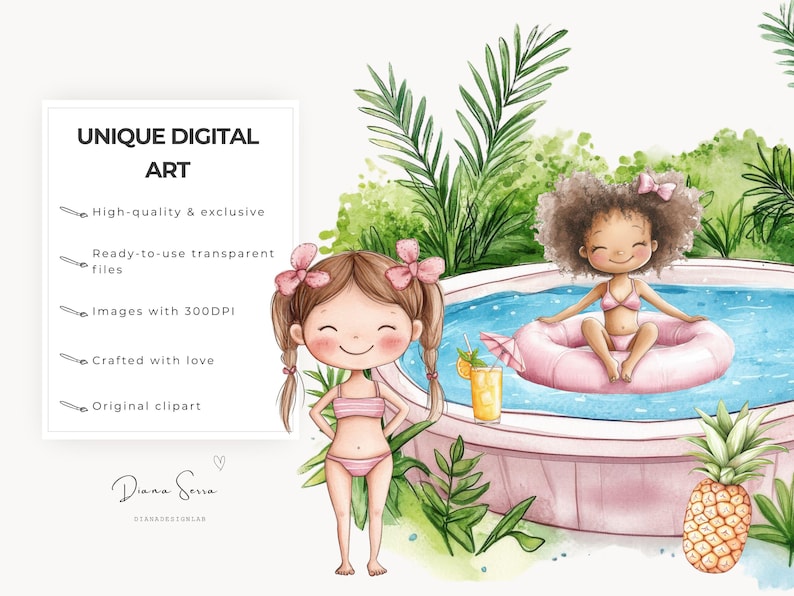 May include: Watercolor illustration of two girls in pink swimsuits near a pool. One girl stands, the other floats on a pink inflatable ring. A pineapple and a drink with a straw are also visible. The image includes the text "UNIQUE DIGITAL ART".