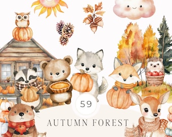 Autumn Woodland Animals Clipart – Watercolor Fall Forest PNG Bundle