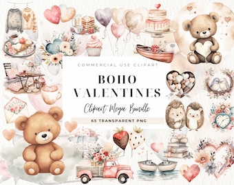 Watercolor Valentines Day Clipart, Boho Valentines Clip art, Teddy Bears, Love Day, Valentine&#39;s Clipart, Romantic, Hearts Digital Paper