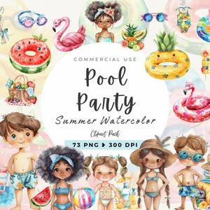 Summer Pool Party Clipart, Vacation Clip Art, Swimming Clipart, Watercolor Summer, Party Invitation, Beach Graphic, Children, Commercial Use