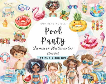 Summer Pool Party Clipart, Vacation Clip Art, Swimming Clipart, Watercolor Summer, Party Invitation, Beach Graphic, Children, Commercial Use