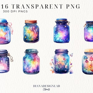 May include: 16 watercolor illustrations of glass jars with lids, each containing a different galaxy-themed design. The jars are filled with stars, planets, and other celestial objects. The designs are in shades of blue, purple, pink, and yellow.