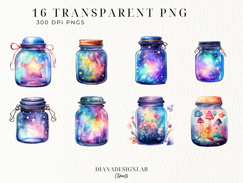 May include: 16 watercolor illustrations of glass jars with lids, each containing a different galaxy-themed design. The jars are filled with stars, planets, and other celestial objects. The designs are in shades of blue, purple, pink, and yellow.