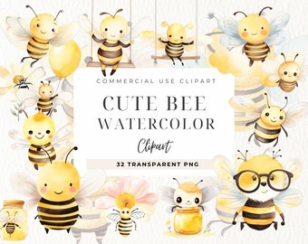 Watercolor Cute Bee ClipArt, Bees Clip art, Cute Animals, Bee Art, Digital Download, Nursery Decor, Honey Clipart, Baby Shower, Commercial
