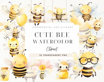 Watercolor Cute Bee ClipArt, Bees Clip art, Cute Animals, Bee Art, Digital Download, Nursery Decor, Honey Clipart, Baby Shower, Commercial