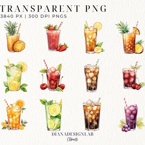 May include: 23 watercolor illustrations of different summer drinks in glasses with various fruits and garnishes. The drinks include pineapple juice, strawberry juice, iced tea, lemonade, mojito, cherry juice, cola, and grape juice.