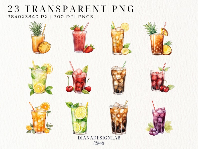 May include: 23 watercolor illustrations of different summer drinks in glasses with various fruits and garnishes. The drinks include pineapple juice, strawberry juice, iced tea, lemonade, mojito, cherry juice, cola, and grape juice.
