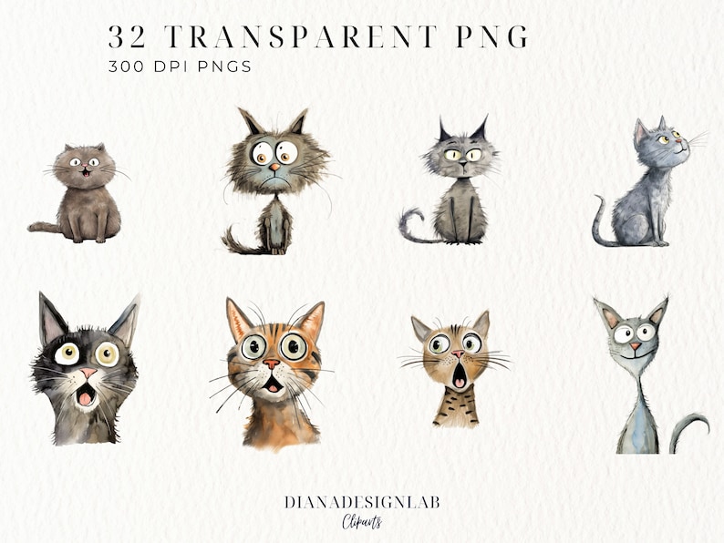 Pode incluir: Um conjunto de 32 ilustra&ccedil;&otilde;es de aquarela de gatos com diferentes express&otilde;es. Os gatos s&atilde;o desenhados em um estilo de desenho animado e t&ecirc;m olhos grandes e rostos expressivos. As ilustra&ccedil;&otilde;es s&atilde;o perfeitas para adicionar um toque de fantasia a qualquer projeto.