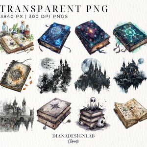 May include: A set of 44 digital illustrations of watercolor paintings featuring various magical items, including books, castles, and potions. The illustrations are perfect for adding a touch of fantasy to your projects.