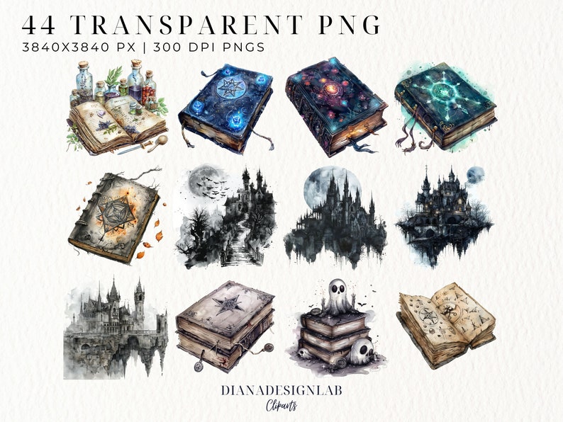 May include: A set of 44 digital illustrations of watercolor paintings featuring various magical items, including books, castles, and potions. The illustrations are perfect for adding a touch of fantasy to your projects.