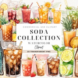 Clipart de acuarela de soda, descarga digital, uso comercial, clip art de bebidas, bebida de verano png, bebidas, descarga instantánea, imágenes de comida chatarra