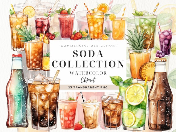 Soda Watercolor Clipart, Digital Download, Commercial Use, Beverage Clip Art, Summer Drink Png, Drinks, Instant Download, Junk Food Images