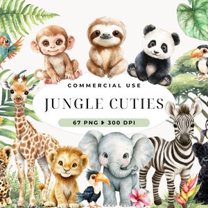 Clipart bébés jungle, aquarelle animaux de safari, baby shower, chambre d'enfant Jungle, sauvage, lion, girafe PNG, invitation anniversaire usage Commercial