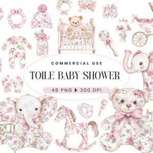 Toile de jouy rose baby shower clipart, graphiques chinoiseries aquarelle pour décoration de chambre d'enfant, PNG floral, baby shower fille, usage Commercial