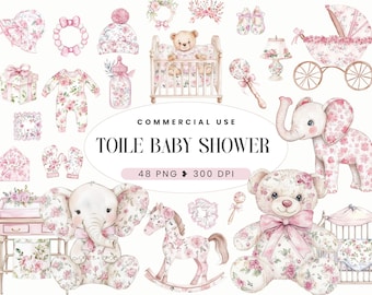 Pink toile de jouy baby shower clipart, Watercolor Chinoiserie Graphics for Nursery Decor, Floral PNG, Girl Baby Shower, Commercial Use