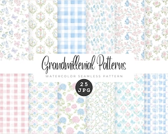 Grandmillennial Seamless Patterns, Pastel Floral Jpeg, Grandmillenial Flowers, Seamless Print Pattern, Stripes, Scrapbook Paper, Repeating