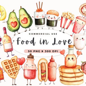Cibo in amore Clipart, abbinamento perfetto Kawaii, cibo carino acquerello, amicizia, migliore amico PNG, amore San Valentino, biglietto di San Valentino, divertente