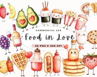 Food in Love Clipart, Perfect Match Kawaii, Cute Watercolor Food, Friendship, Best Friend PNG, Love Valentine Day, Valentines Card, Funny