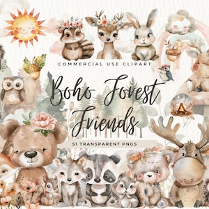 Boho Waldtiere Clipart Aquarell, kommerzielle Nutzung, Kartenherstellung, Frühlingswunderland, Kinderzimmer Wald, Babytiere, Babyparty