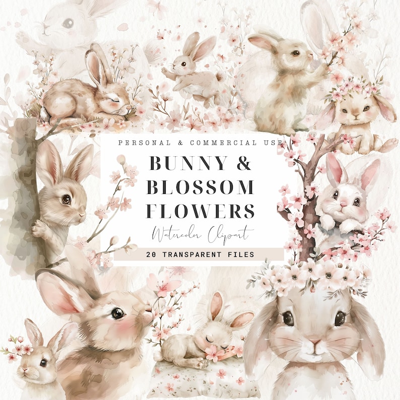 Spring Blossom Clipart, Cute Bunny, Digital Download, Floral Branches ...