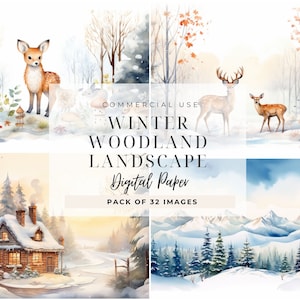 Papel digital imprimible de paisaje de bosque de invierno, escenas del país de las maravillas de invierno, páginas de bosques nevados, diario basura, scrapbooking, fabricación de tarjetas PNG