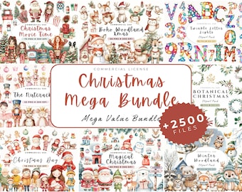 2500+ Christmas Clipart Bundle, Watercolor Cute Xmas, Woodland Boho, Black Xmas, Pink Christmas, Blue Christmas, Botanical, Commercial Use