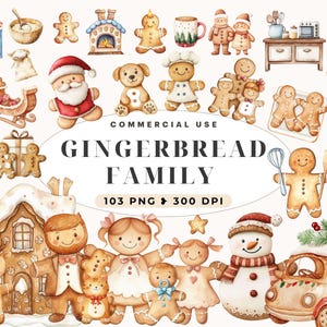 Clipart de família de gengibre, Natal, Download digital, PNG festivo de feriado de Natal, Biscoitos de homem de gengibre, Uso comercial, Inverno adorável