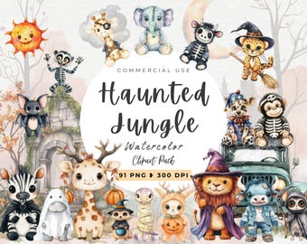 Clipart acquerello di Halloween safari, decorazioni per la cameretta dei bambini, clipart spettrale, download digitale, animali autunnali, giungla, vampiro zebra, zucca, fantasma