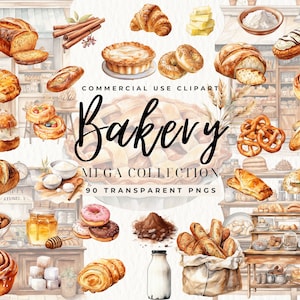 Aquarelle Boulangerie Boutique Clipart, Pain Baguettes Français Croissants Pâtisserie Petit Déjeuner Bonbons Cuisson PNG Utilisation Commerciale, Paris Café Clip art