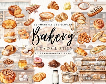 Watercolor Bakery Shop Clipart, Bread Baguettes French Croissants Pastry Breakfast Sweets Baking PNG Commercial Use, Paris Cafe Clip art