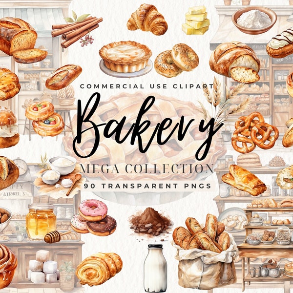 Watercolor Bakery Shop Clipart, Bread Baguettes French Croissants Pastry Breakfast Sweets Baking PNG Commercial Use, Paris Cafe Clip art