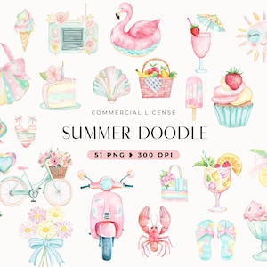 Watercolor Summer Doodle Clipart, Summer Planner Clipart, Instant Download, Summer Pool Party, Preppy Doodles, Whimsical, Commercial Use