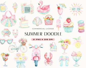 Watercolor Summer Doodle Clipart: Pool Party Planner Graphics (Instant Download, Commercial Use)