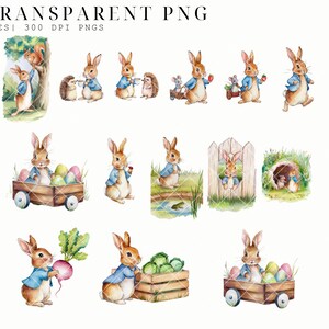May include: A set of 42 watercolor illustrations featuring a brown bunny rabbit in various poses. The bunny is wearing a blue shirt and is depicted in different settings, including a garden, a forest, and a farm. The illustrations are perfect for creating digital or printed products, such as greeting cards, invitations, and scrapbook pages.