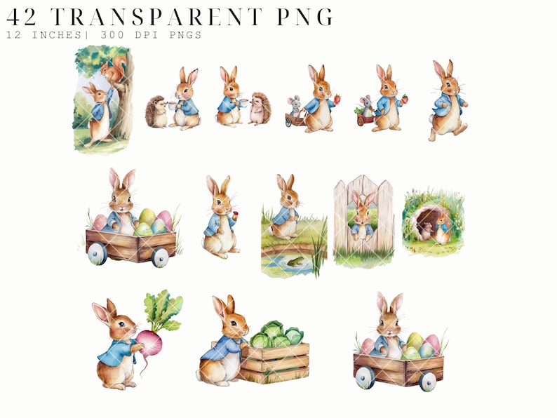 May include: A set of 42 watercolor illustrations featuring a brown bunny rabbit in various poses. The bunny is wearing a blue shirt and is depicted in different settings, including a garden, a forest, and a farm. The illustrations are perfect for creating digital or printed products, such as greeting cards, invitations, and scrapbook pages.